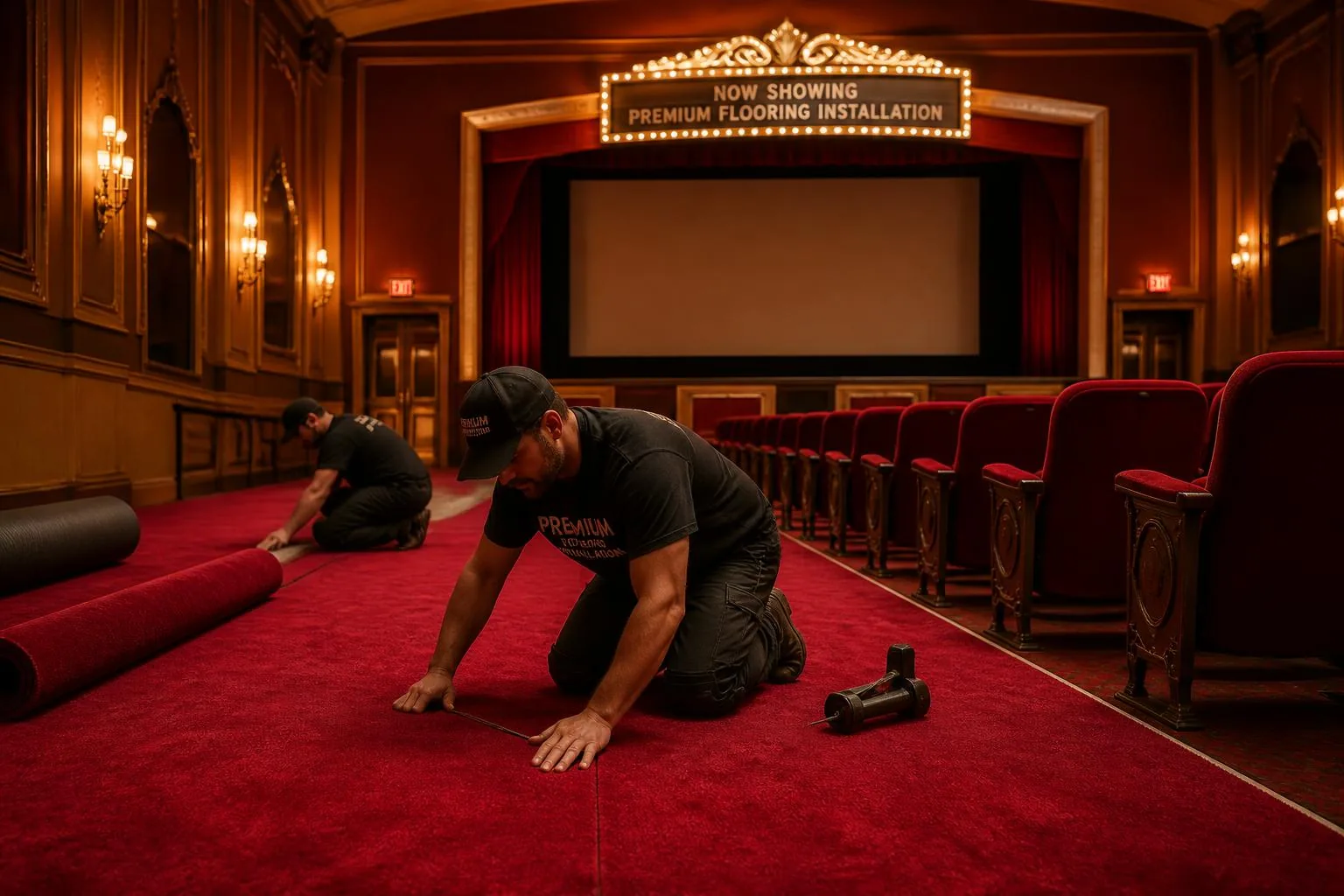 Custom commercial carpet installation in a Northeast Ohio movie theater auditorium by Angelo's Flooring