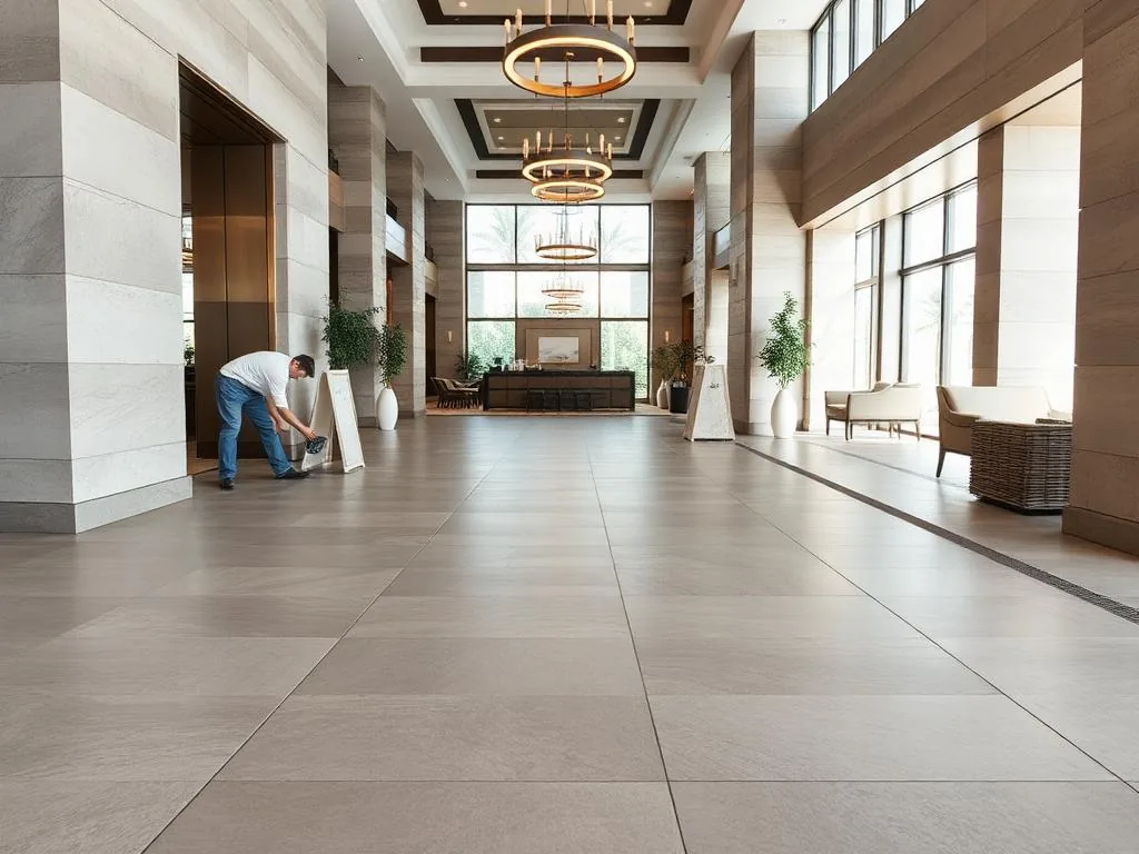 Large-format porcelain tile installed in a hotel lobby by Angelo's Flooring commercial division