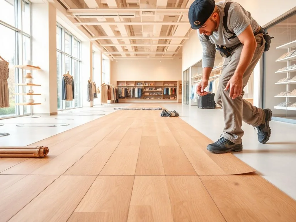 Luxury vinyl tile installation in a retail boutique by Angelo's Flooring commercial division