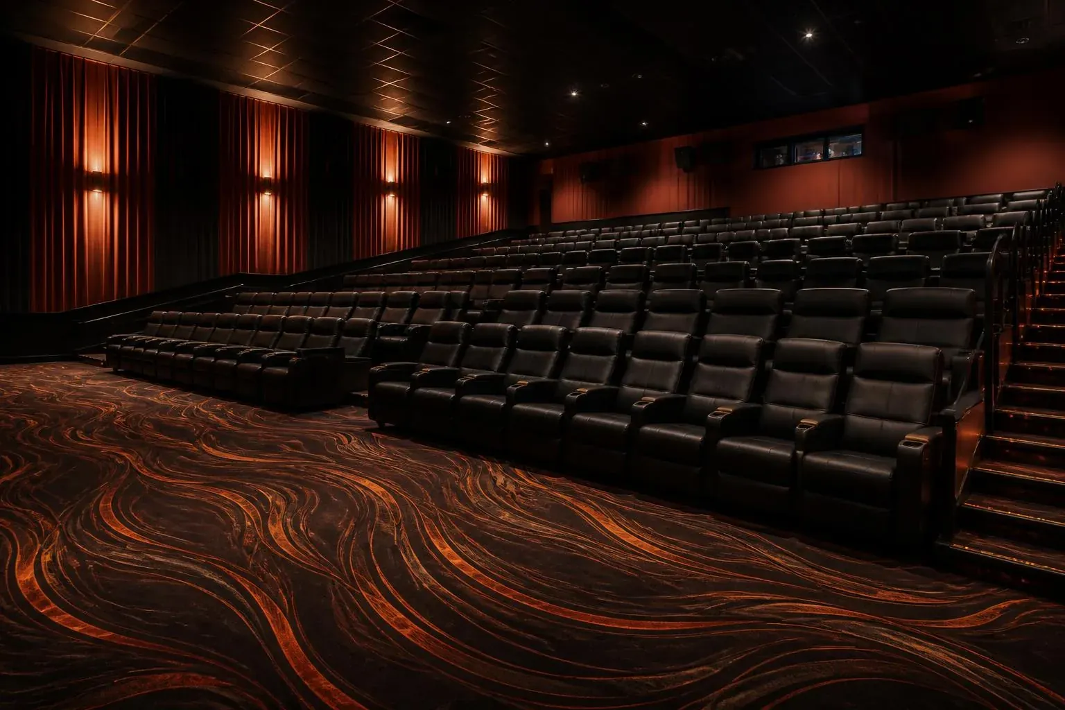 Commercial movie theater auditorium with custom carpet installed by Angelo's Flooring in Northeast Ohio