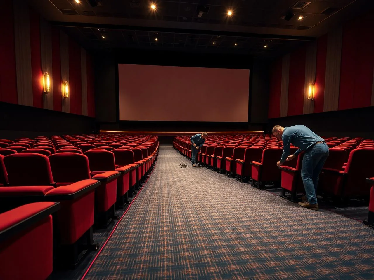 Commercial carpet installation in a movie theater auditorium