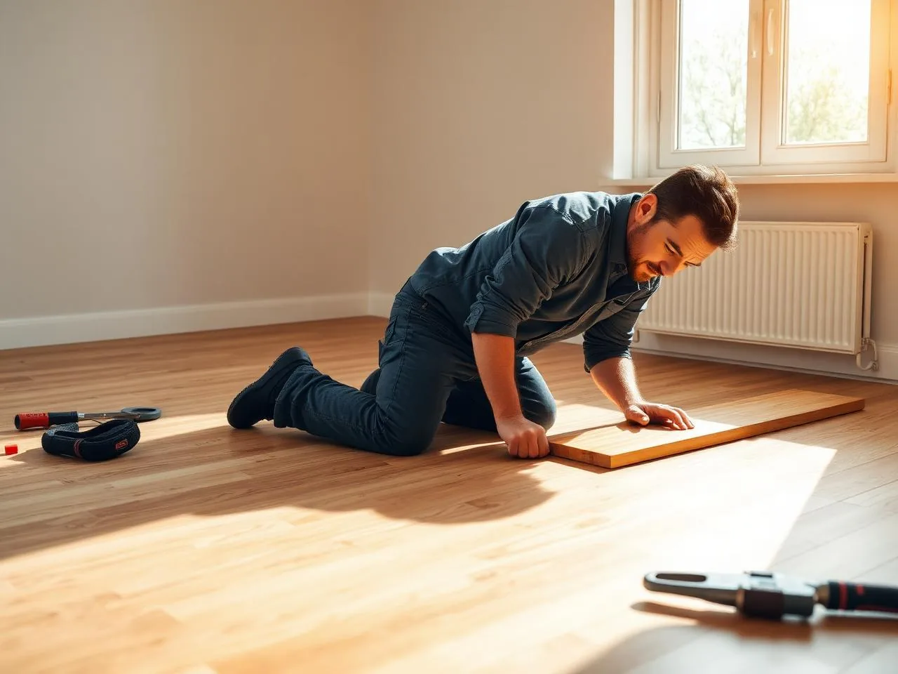 Angelo's Flooring installer fitting hardwood planks during a Northeast Ohio flooring installation
